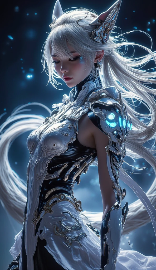 emma watson as an elf girl. With skin as porcelain as the moon's soft glow, her ethereal beauty is accentuated by an iridescent undertone that shimmers like a holographic display. Her elven heritage is evident in her lithe and graceful form, a testament to the seamless blend of nature's elegance and futuristic innovation. long, flowing hair cascades like a waterfall of stardust, each strand seemingly infused with a faint, pulsating light that changes hues with her emotions. A neural-link circlet rests upon her brow, adorned with delicate, intertwining vines of luminescent crystals that respond to her thoughts, casting an ever-changing aura around her.
Her attire, a fusion of elven craftsmanship and technological ingenuity, consists of a bodysuit that adapts to her body's movements. Embedded within the fabric are nanoscale circuits that respond to her commands, creating intricate patterns of light that dance across the surface like a symphony of fireflies. A translucent cloak, reminiscent of gossamer wings, billows behind her, mimicking the fluidity of a solar wind.
Seraphina's eyes, the windows to her enigmatic soul, possess an otherworldly gleam. Pupils that dilate into swirling pools of stardust allow her to perceive the ebb and flow of magical currents and quantum energies. A subtle neural implant beneath her left earlobe grants her the ability to interface with Aeloria's intricate information network, accessing a wealth of knowledge and insights that transcend time and space.
Around her wrists and ankles, delicate yet potent energy bands pulse with a rhythmic hum. These bands are not mere adornments; they harness her innate magical abilities and channel them through crystalline conduits, allowing her to weave spells with a mere thought. When she conjures her spells, tendrils of light and energy dance along her fingertips, tracing intricate sigils that dissolve into the air, casting mesmerizing illusions or manipulating matter itself.