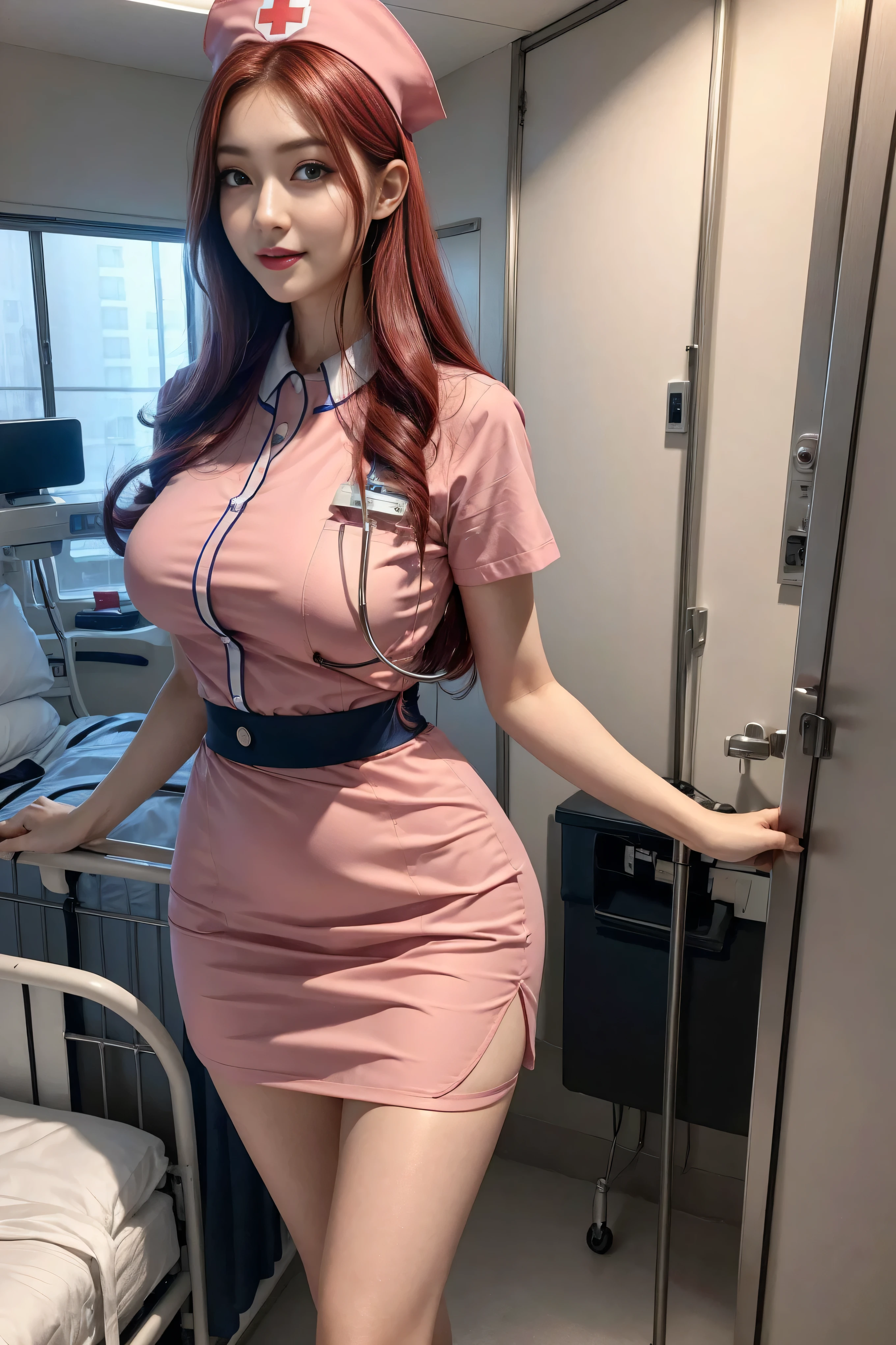 chris、25 years old、Redhead shortcuts、Pink nurse's uniform、white stockings、clipboard tall、big breasts、beautiful woman