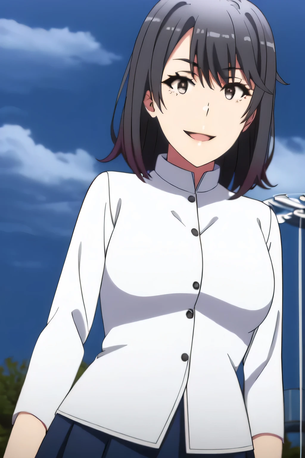 beautiful smiling woman ,can you draw a woman laughing in front of the giant ferris wheel at Takasago Rinkai Park,Please draw a 30-year-old adult woman with a good smile,short hair and black hair,Big Breasts、 ,I need a face,white blouse,navy blue pleated miniskirt,