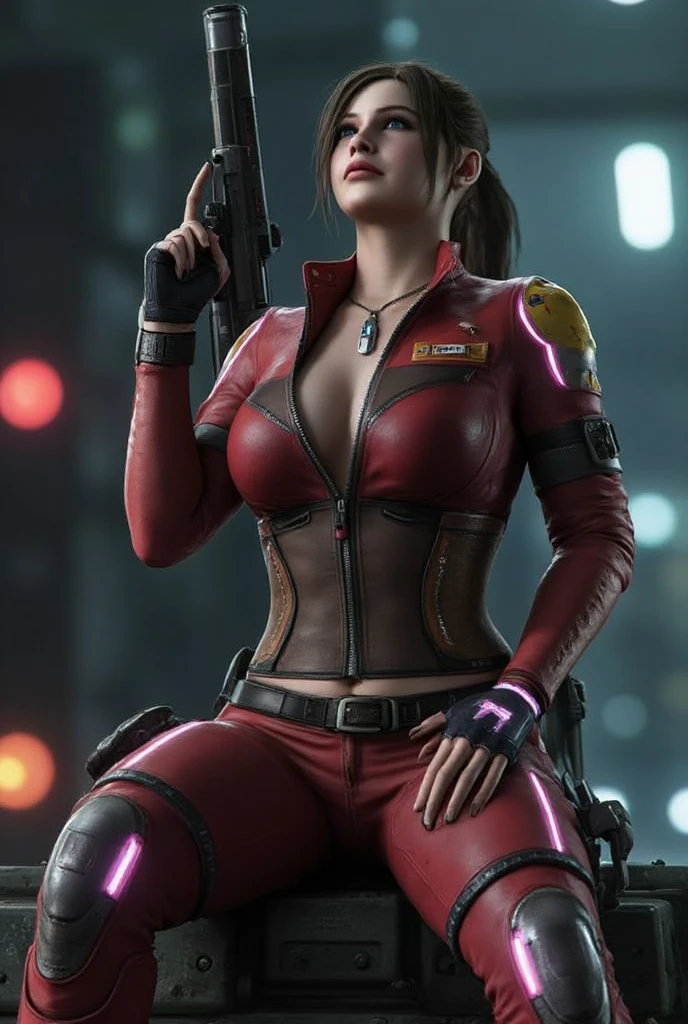 Lexa Doig, short bobcut black hair with red streaks, cyberpunk corset

