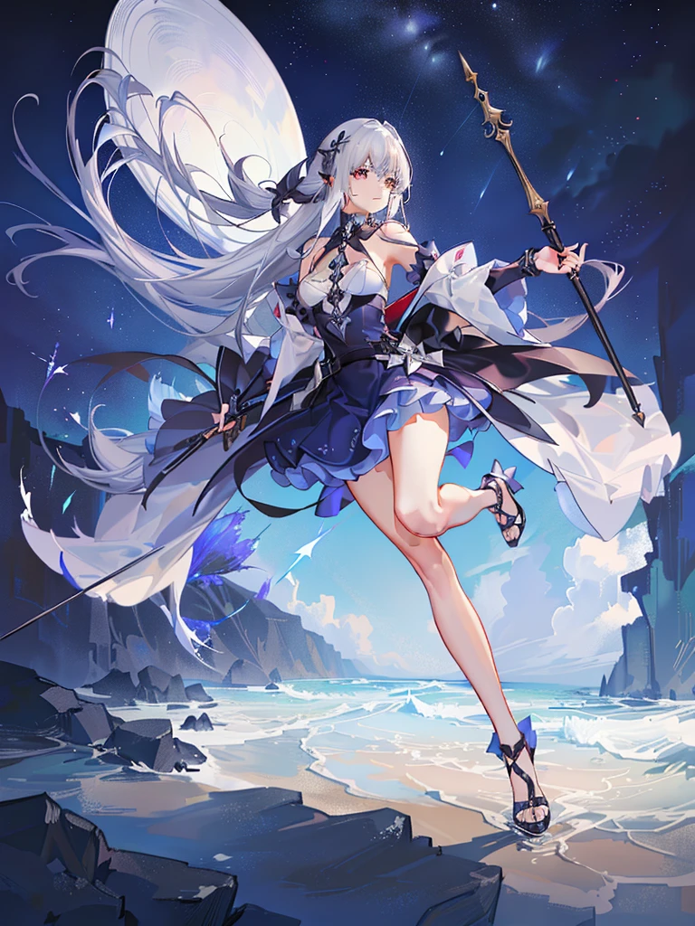 Lilac gradient hair,Asymmetrical hair,((Hair is very thick 1.8,Hair is well-defined1.6)), Hair over the shoulder, messy hair, Very long hair, shinny hair,(Long gray hair:1.2),A beautyful girl,(Luxurious Platinum Mini Lolita,Made of transparent material),(Transparent clothes transparent 1.8),perfect body figure,high and high,slenderness,(looking sad,Haggard complexion、pale nipples ,grieves,close your mouth:1.2) Against the backdrop of an unusually bright dark starry sky,(Place your hands behind your back),(Round, medium large, firm breast),The barefoot,afloat,waterface,(long leges,long leges,long leges,Perfect leg shape),fully body photo。
