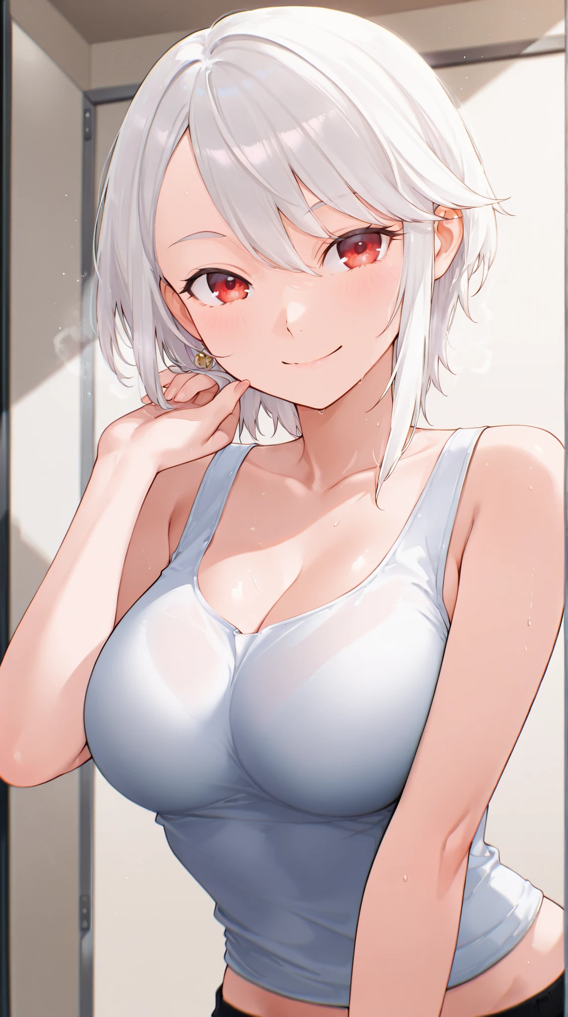 Gray Hair、Bobcut、E Cup、camisole、smile、Embarrassed、Turning her back