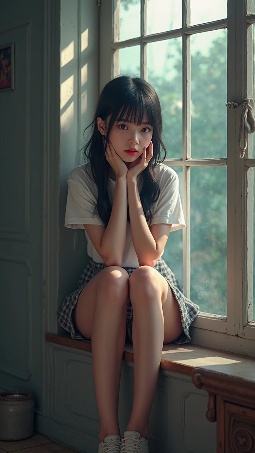 High resolution、High resolution、in 8K、Real Live Action、RAWphotographgraphy、Highest quality、masterpiece、Tabletop、erotic、student、Pink Good,White skin,knees, Detailed  Pattern、haery vosoble ,  in Focus、Pink lace panties、absurdes,Small face、Big Breasts、Part the front hair from the middle、The forehead is visible,(Cold look<Squinting my eyes,Glare,strong,Light anger)、masterpiece,Highest quality、超High resolution,RAWphotograph,only,Beautiful poop,one person, one personで,Dark look,Small breasts,whole body、very nice、JK Uniform,high school girl,Japanese women,Are standing,（Realistic：1.37）、Photon Mapping,Pink Ribbon,Realistic、Cute Face,Brown eye、2、(Red bow tie)、Radio City、Physics-based only dulling、prospect、Written boundary depth、Blurred Background、photograph,We、body,Beautiful legs, Long legs, Thin legs,Long Bob Cut,(I can see the front hair), hair, lips, green_eye, Nose Soft,(Pink Shirt), (Navy Pleated Skirt), I can see the knees,See-through clothing, thigh, Nogizaka Idol, , Japanese Ido、Sparkling eyes、Glossy lips、Too bright natural light、Bright Sun、Too bright sunlight、