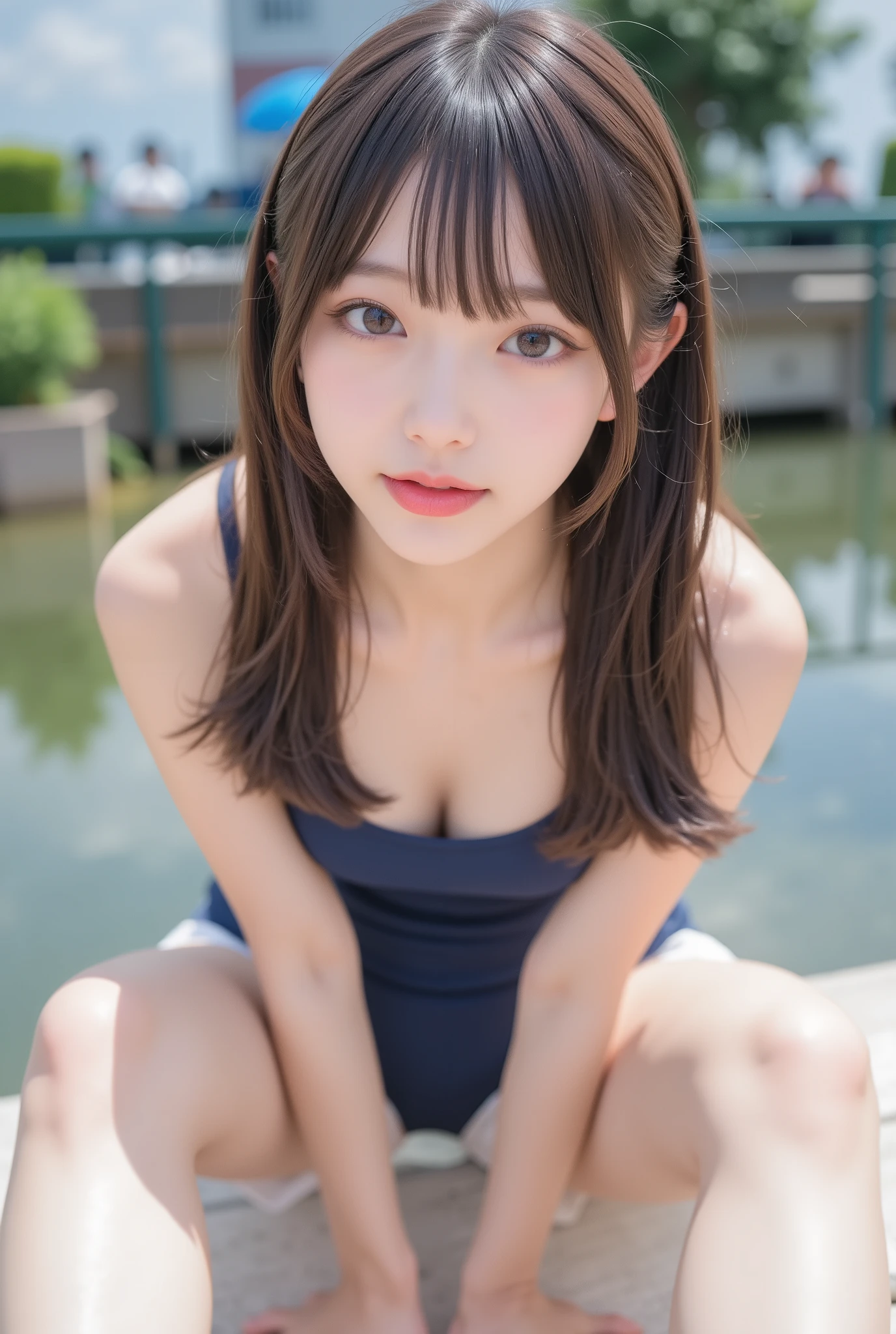 Cute Lolly,,hyperreal,high definition,Best Quality,8k,exquisite details,(),(Spaghetti Straps)watch viewers,written depth,full_body_shots,landscape, twins ,campgrounds,In summer,(navy blue school swimsuit), ((delicate、ガリガリのbody、flat chested、a cup from oblique back、surrounded by wedges、very slender))、low ponytail、middle school students、Position of leaning forward with hands on knees、is opening my mouth、Small breasts of