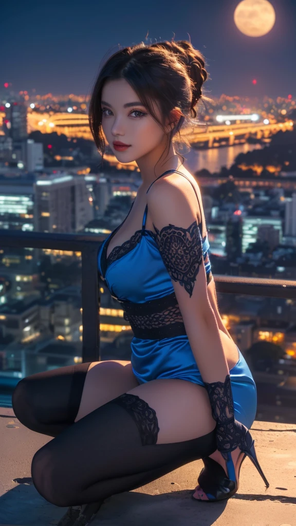 (8k, RAW photo, best quality, masterpiece:1.2), (((1girl, solo))), (perfect eyes), detailed face, detailed skin, aqua eyes, ((gray hair)), long hair, (hair ornament, earrings, necklace), portrait, (unclothed blue dress:1.3), revealing clothes,, looking at viewer, looking at camera, (black pantyhose, thighhighs), crossed legs, (sliver high heels:1.5), window, city, street, night, hotel, skyscraper, skyline, view, cinematic