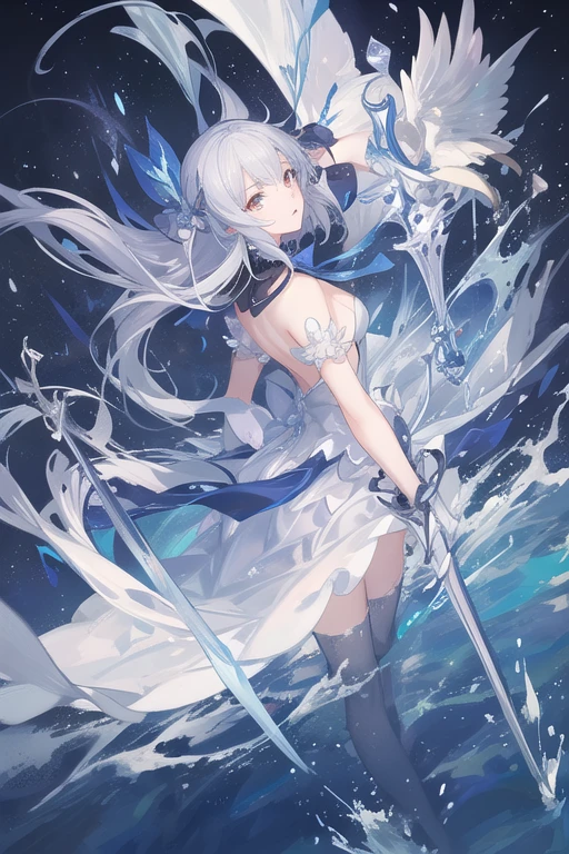 anime wallpaper:Lens - high detail,best qualtiy,Unique style,4k+8k,tmasterpiece,Mirror sound mirror flower,White hair and black dress,The eyes have red pupils,Sword in hand,Wear a school uniform。