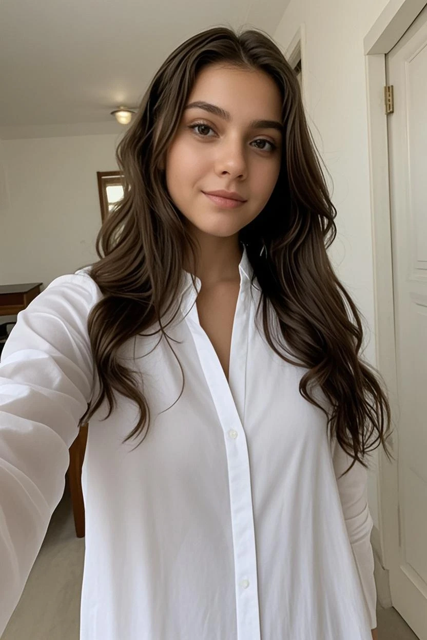16 year-old model girl with brunette hair and dark-brown eyes, in school-girl uniform