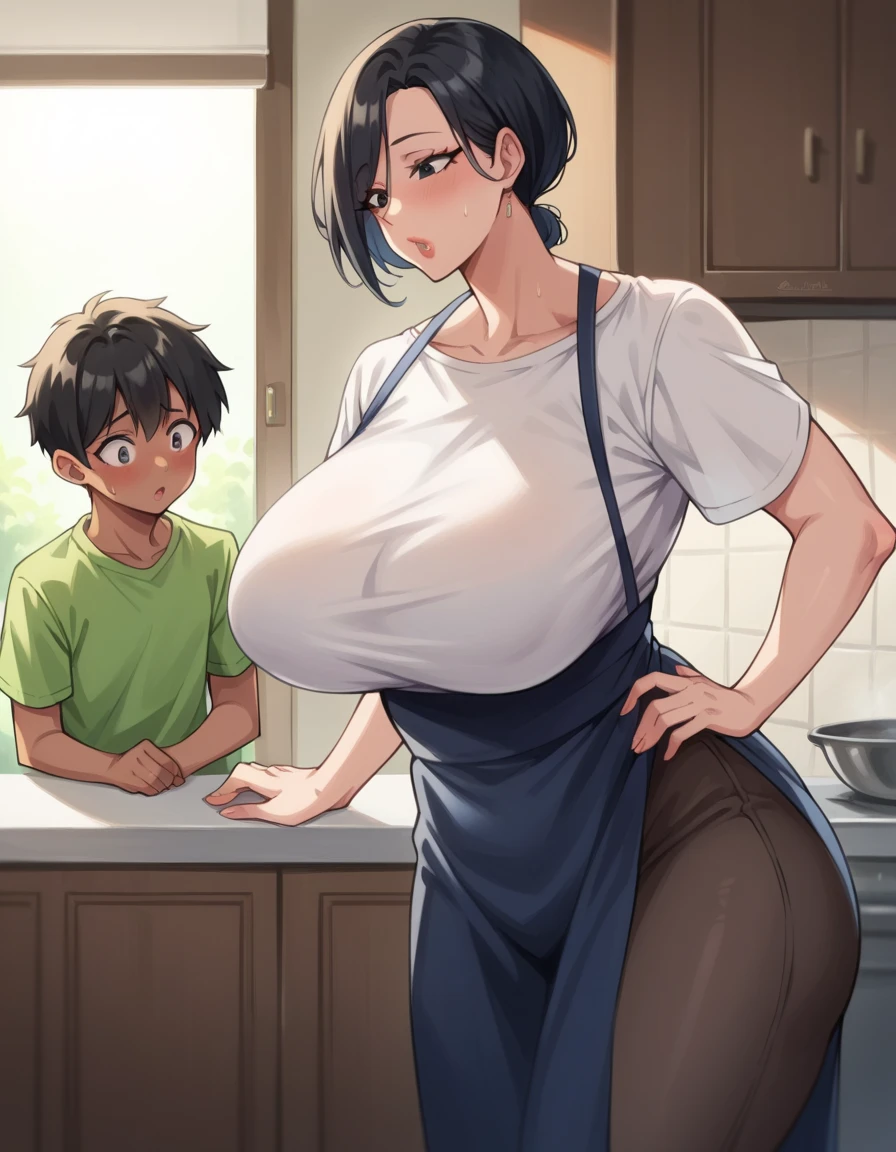 score_9, score_8_up, score_7_up, score_6_up, score_5_up, score_4_up, (source_anime), 2girls, (( white woman, long black hair, big breasts, Withered breasts, Sagging breasts, big Thighs, big ass, mature woman, dark nipples, brown nipple, Black panties, revealing baggy white shirt )), Distant vision, Low Illumination, Dark, her little daughter sucking breast, ((Little kid girl, Skinny, tiny tits, kid, tiny ass, tiny, short brown hair, sucking breast) age difference, big size difference, forced, rape, Aggressive, Kitchen