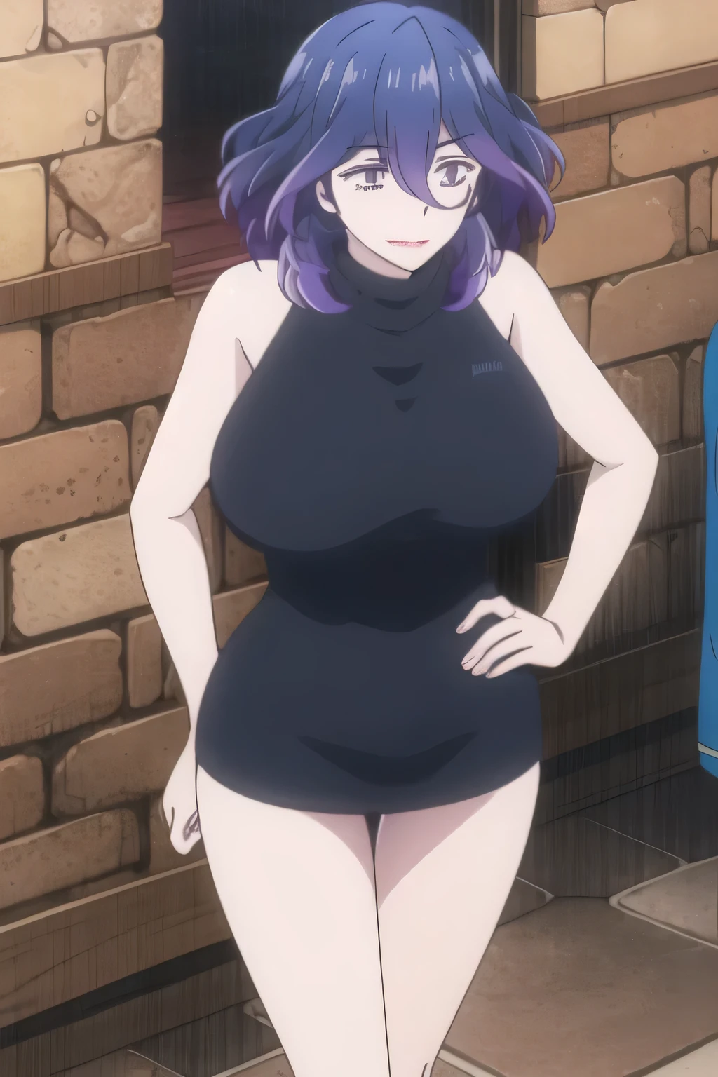 Medusa Fate , Medusa FGO , Ufotable original character, long Purple hair with open forehead, anime girl , solo , detailed purple eyes, Beautiful caucasian mature woman with pale white skin , extremely delicate and beautiful woman, Tall goddess, 185cm+ height ,1:8 head to body proportions, 30+years woman , bbw girl , huge ass , wide hips, curvy, soft belly , giant tits , H-cup breasts ,sexually aroused,excited and blushing , Submissive girl, Mature milf queen, royalty, lustful expression , expressive face , half body, white-blue color outfit, fully clothed, open cleavage,royalty, milf, queen