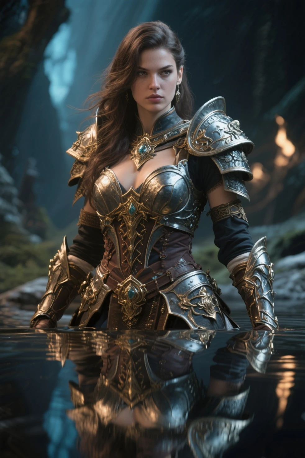 A 16-year-old warrior girl with long, wavy black hair and intense blue eyes that reflect light and dark flames. She has an athletic and toned body, standing 1.75m tall. Wearing a majestic armor made from the remains of the Supreme Dragon God: a helmet with black and gold scales adorned with protective runes, a breastplate that glows with internal light and inscriptions, gauntlets and gloves made from dragon claws that enhance strength, a belt of dragon leather and scales for extra resistance, and reinforced greaves and boots for agility and impact absorption. She wields a longsword made from the dragon's tail, engulfed in dark flames, a bow made from dragon ribs with elemental arrows, and a dagger crafted from the dragon's horn, enchanted with poison magic. The scene is set at sunset on a battlefield, with a sky ablaze in orange and red hues
```