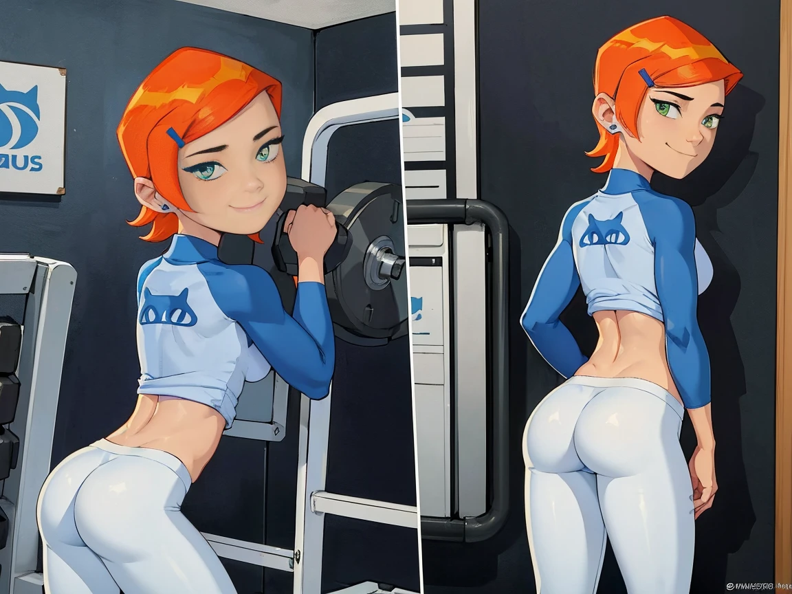 Really large breasts, extra tight shirt, abs, happy expression, tight pants, wide hips, narrow waist, big booty