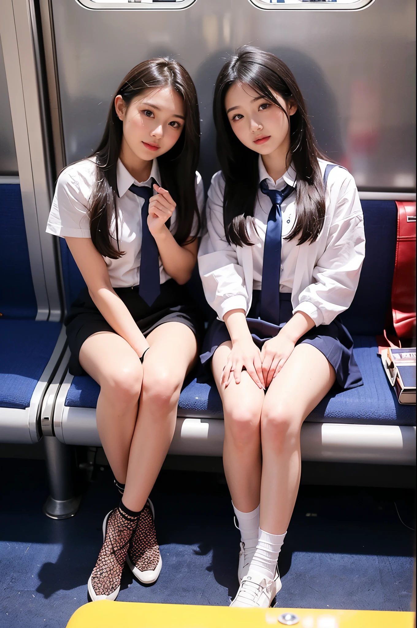 ((masutepiece, High quality, Best Quality)), Beautiful, hard disk, Realistic, Perfect Lighting, Detailed face, 2 girls、Alafed asian woman in short skirt and bow tie sitting on train、a smile、cute school girl、Braids、Twin-tailed、Hair ribbon、Japan Female Student Uniform、with a Japanese school uniform、Japan school uniform、a hyperrealistic schoolgirl、hi-school girl、Dressed in uniform、a hyperrealistic schoolgirl、Girl in Uniform、Schoolgirl posing in uniform、full body Esbian、slender、Nice skin、glistning skin、 lovely thighs、glowing thighs、shining legs、((I can see my panties))