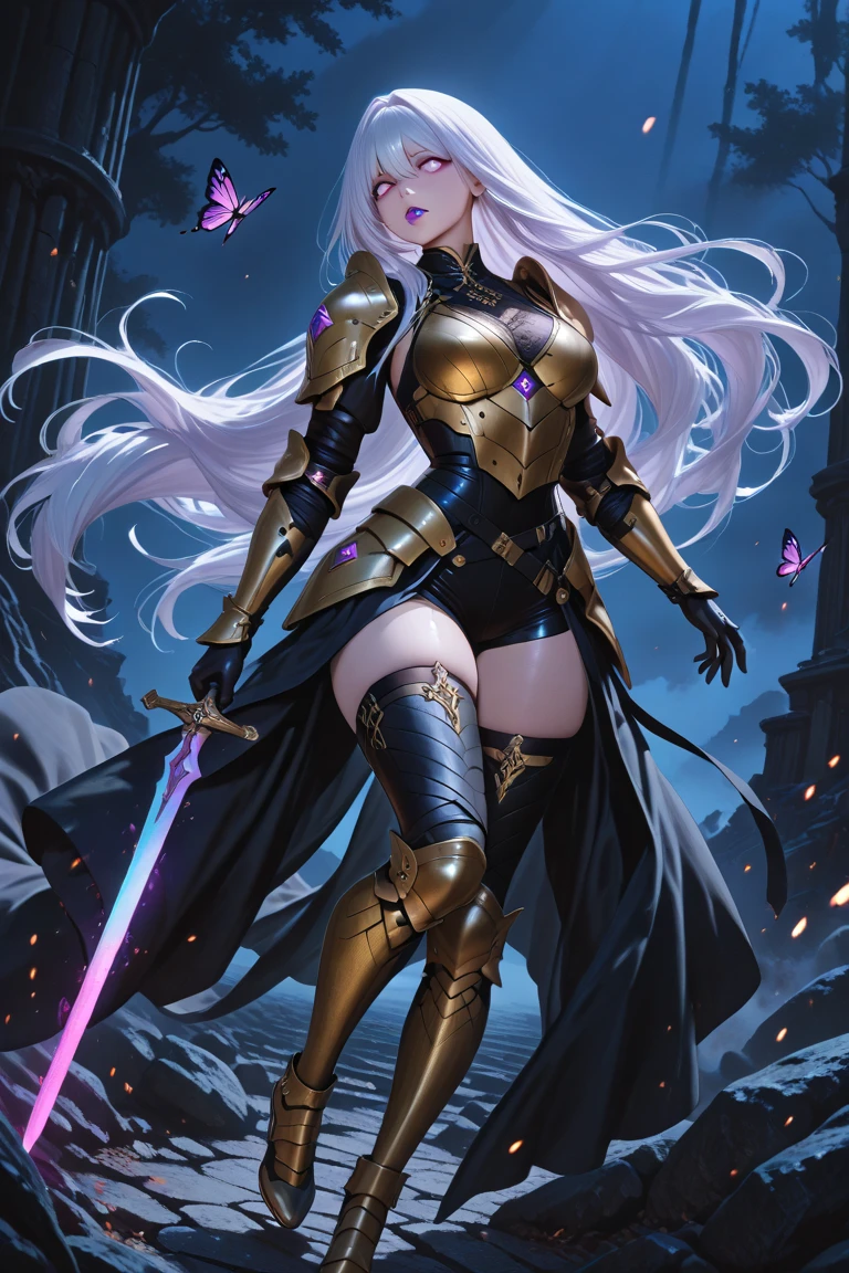 Beauty with green long hair ，Gold amount protection，Japanese lightning totem black armor，cleavage，，iron boots，spear，Standing，dark clouds thunder and lightning