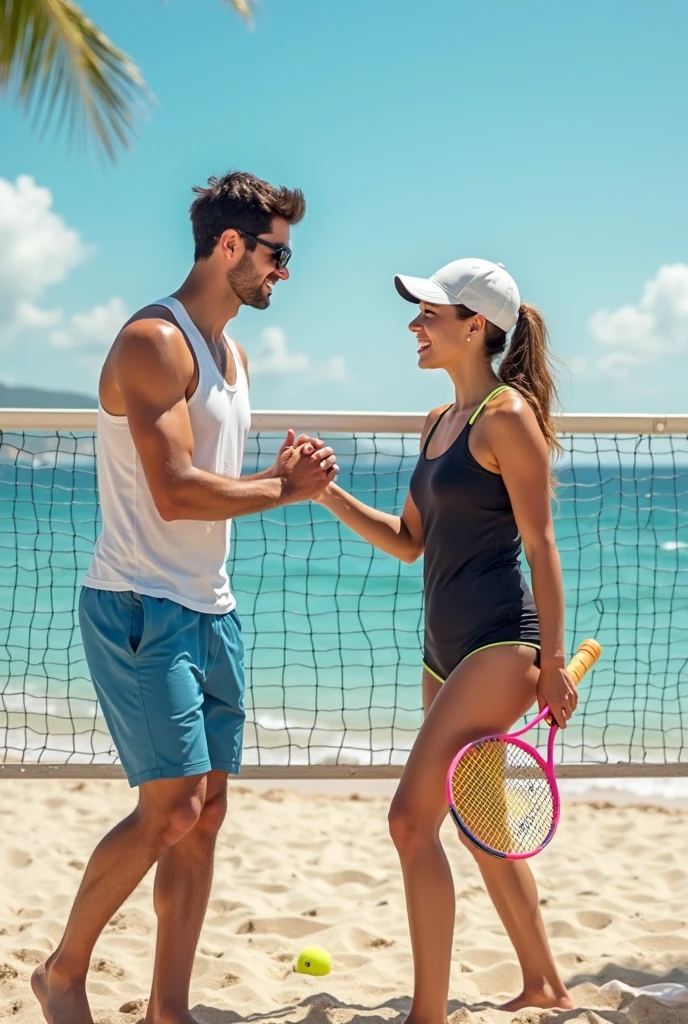 According to:

position: Is standing, with one leg slightly forward and the other slightly back, showing a dynamic and preparatory posture.
thousand: In his right hand he holds a volleyball. The ball is at chest height, with hand extended and fingers open, as if he were about to throw or receive the ball. La mano de According to está firmemente agarrando el balón, showing his skill and control.
facial expression: His face reflects concentration and determination. The eyes are fixed on the ball, and his expression is one of total focus, with a slight smile of confidence on his lips.
CLOTHES: She is wearing a tight sports shirt that highlights her athletic figure., and shorts.
Sofia:

position: Sofia está muy cerca de According to, almost glued to him. Her body is leaning towards him, and his gaze is fixed on her face and the ball she is holding..
facial expression: His face shows a mixture of admiration and love.. The eyes are shining with pride and affection, and her smile is warm and encouraging.
CLOTHES: She is dressed in casual clothes, como una camiseta ligera and shorts. Her hair is tied back in a high ponytail, and is slightly disheveled by the breeze outside.

