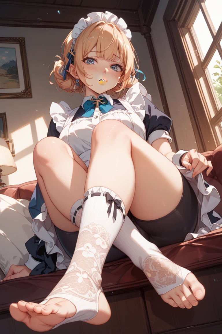 masterpiece, best quality, sidelighting,
3d face, realistic, lustrous skin,
1girl, siiting on wooden floor, large windows, indoors, close up feet,
blonde hair, braid, green eyes, eye reflection, bright pupils, beautiful detailed eyes, smile, full blush,
large breasts, nipples, long nipples, nipples erection, small areolae,
pussy, pussy juice, pussy juice puddle,
sweat, steam, heavy breathing, thick thighs, skindentation, soles, feet up, topless, bottomless, spread legs,
hat, jewelry, necklace, black legwear, lisasobriquet, <lora:lisa1_000010:0.75>