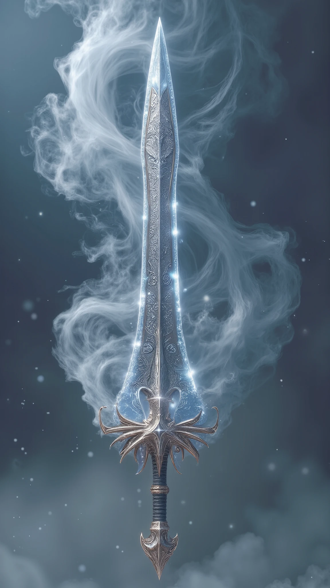 A legendary ice sword with a dragon-themed hilt, forged from ancient frozen steel, covered in intricate silver runes. The blade emits mist and frost, with magical smoke swirling around it. Detailed fantasy weapon design, cinematic lighting, floating in mid-air with a dark cold background. Ultra sharp details, epic high-fantasy style, 4K resolution, weapon showcase illustration