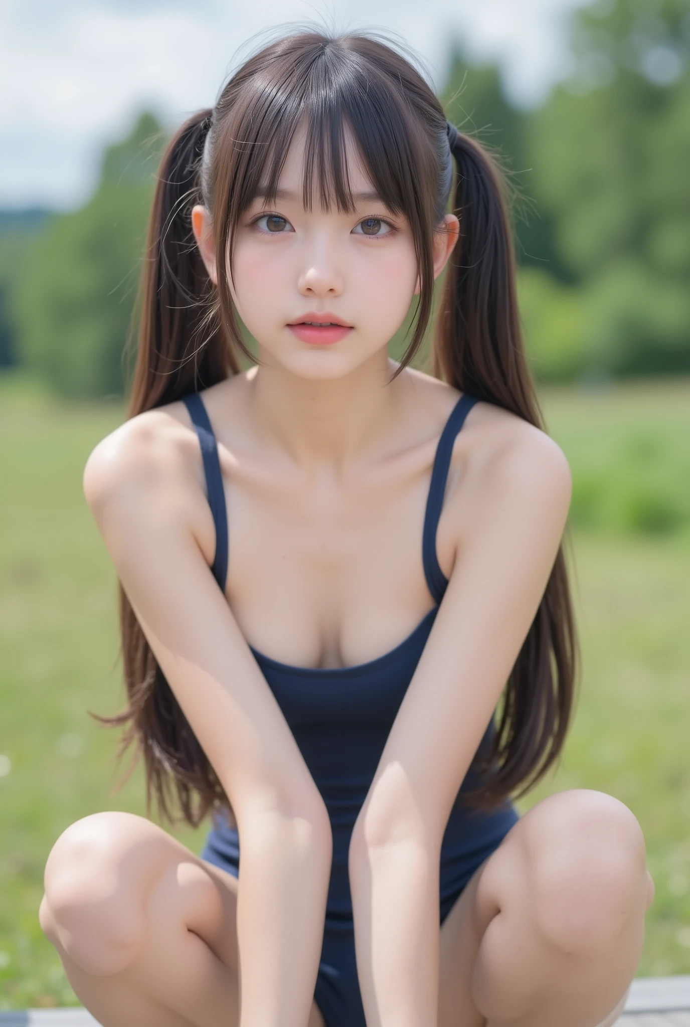 Cute Lolly,,hyperreal,high definition,best quality,8k,exquisite details,(),(Spaghetti Straps)watch viewers,written depth,full_body_shots,landscape, twins ,campgrounds,In summer,(navy blue school swimsuit), ((delicate、flat chested、very slender))、low ponytail、middle school students、Position of leaning forward with hands on knees、is opening my mouth、Show off your chest to the camera