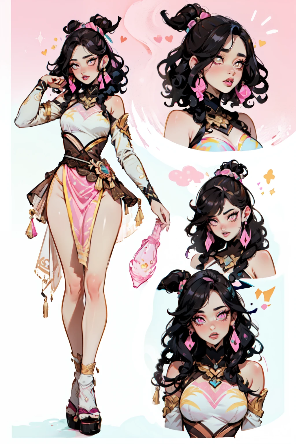 girl, short black afro curly hair, dark brown fleshy eyes, light brown skin, pink lips and cheeks, slim body; thin waist and wide hips and medium breasts. colorful and pink fantasy costume genshin impact style, unique and detailed costume, full of flirtatious and unique elements, with heart symbols. pink elemental vision. pink background.