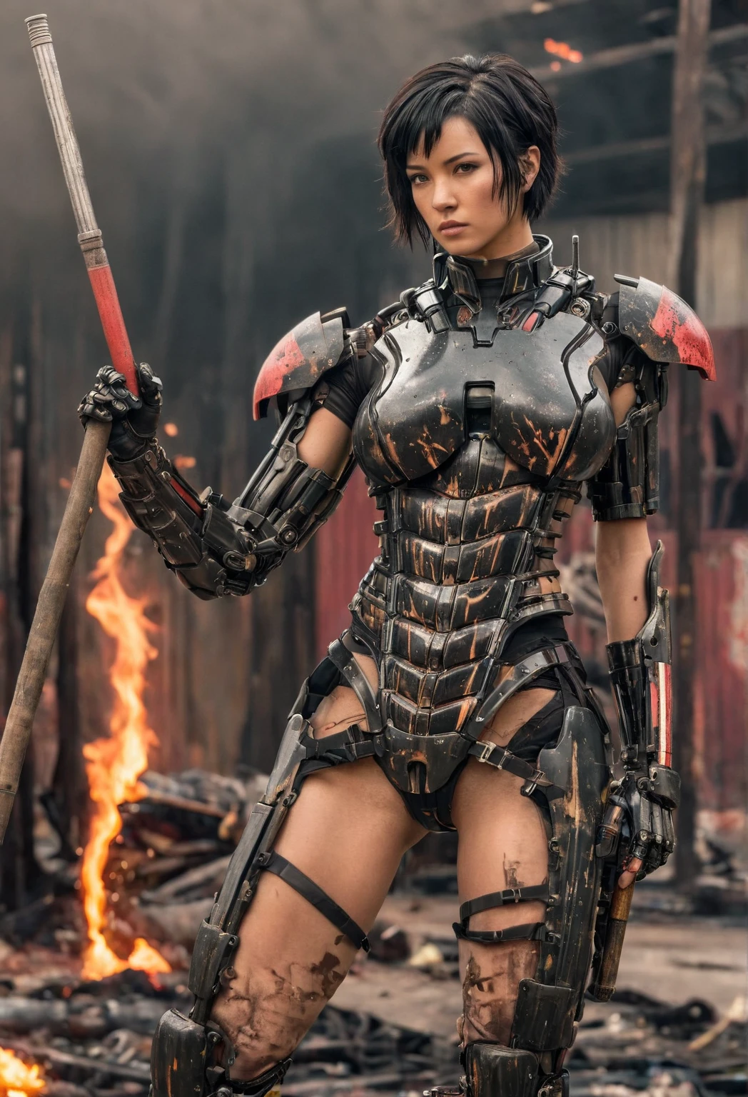 masterpiece, top quality, raw photo, (photorealistic, realistic:1.3), 16K, (sharp forcus, extremely detailed:1.4), ultra high res, ((cyberpunk, science fiction:1.2)), (depth of field, professional lighting, professional photo:1.2), (fairly detailed face, intricately detailed skin texture:1.5), ((correct anatomy:1.5)), pov, 1 girl, (cyborg:1.4), (female soldier:1.2), solo, ((from front view:1.4)), (cowboy shot, looking at viewer:1.4), black hair, (short hair, ponytail:1.3), bright eyes, dark eyes, highly detailed skin, tall nose, beautiful nose, beautiful lips, expressionless, ((partially mechanical body:1.5)), (((camouflaged armor:1.3))), (muscular:1.3), (slender:1.5), beautiful breast, (((injured during battle, massive bleeding from stomach, wounded:1.5))), ((kneeling:1.4)), ((partially destroyed armor:1.3)), (((outdoor, futuristic city, vandalized buildings, ongoing shootout:1.4)))