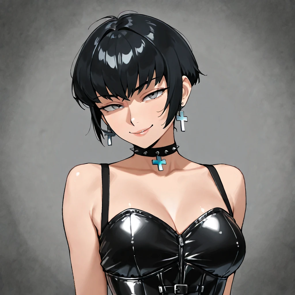 1 girl, milf, black eyes,tomboy Pixie haircut, black hair, spiked hair, black choker, spiked hair, shaved hair, very Short hair, tied shirt, armpits, lipstick, portrait, smile, lipstick, medium breast, short tube skirt, office background