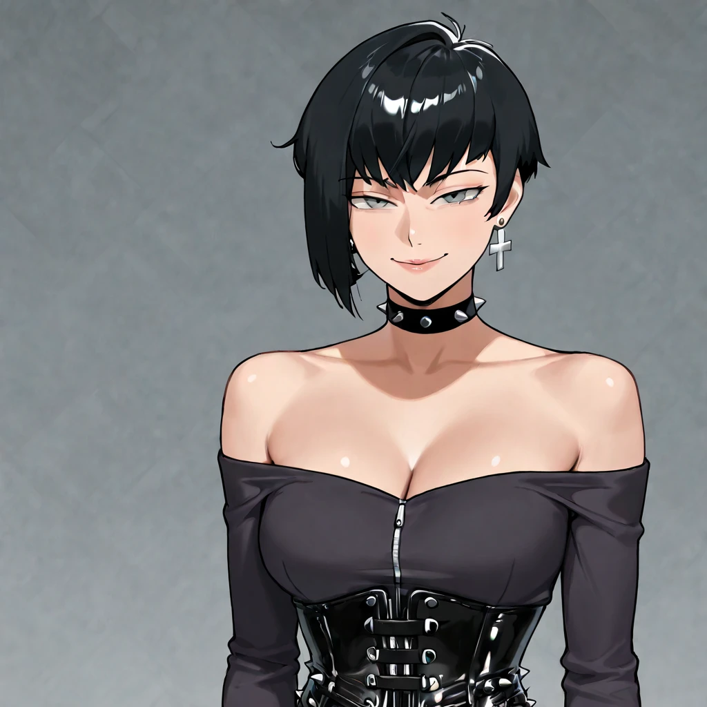 anime styling,Margarette appears as a tall, masculine-looking person,he has short gray hair with shaved designs and dark lips similar to punk rock,with arms crossed and a smile