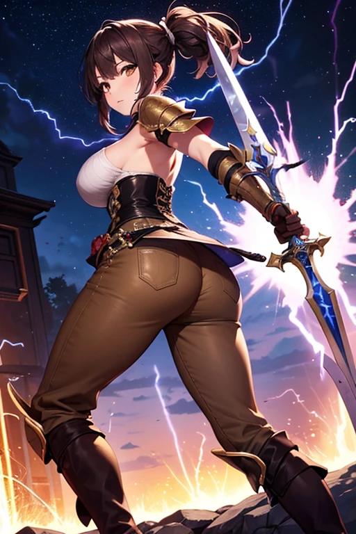 Full body armor shattered,Blue short hair,Sexy,Large Breasts,In battle,Sweat,fire,lipstick,Wave hairstyle,lightning,Mature wife,Big Ass,ponytail hairstyle
