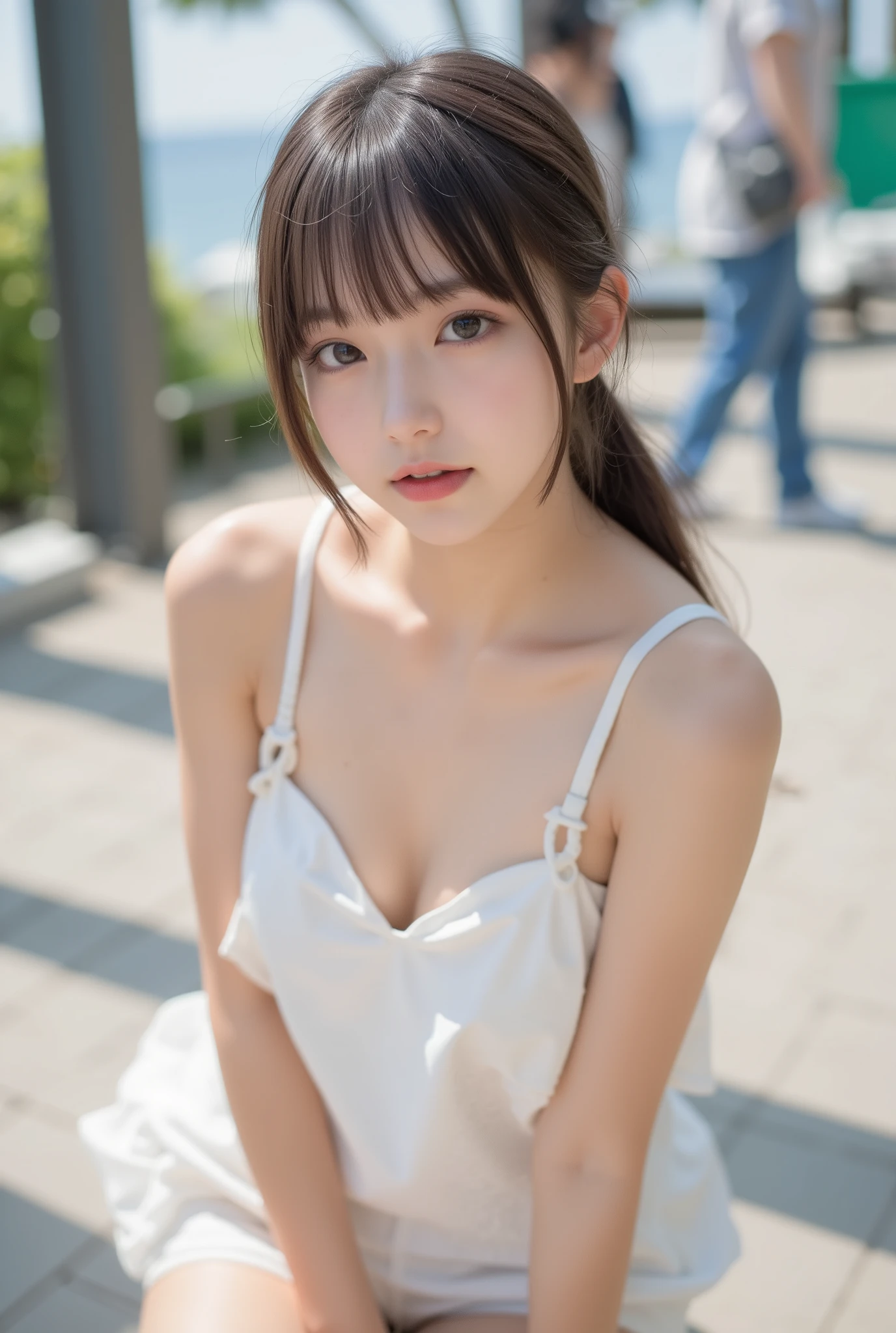 table top, highest quality, 8K, 1 girl, 16 me, big breasts, RAW photo, professional photography, portrait, soft light, professional lighting, alone, 笑face, close, face, close, cute, girly, goddess, delicate girl, neat beauty, Digital single-lens reflex camera, look away, Frank, Sophisticated, film grain, (目とfaceの詳細:1.0), Medium hair swaying in the wind,(big breasts:1.8、You can see beautiful cleavage、put on a choker)