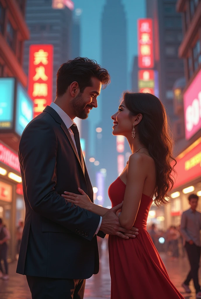 A handsome, dark-skinned Asian man, rich, in good shape, with six-pack abs, dark brown hair, looking at a beautiful, sweet, Asian-style woman with wavy dark brown hair, who is happily dressed in a sexy way, in the heart of Tokyo.