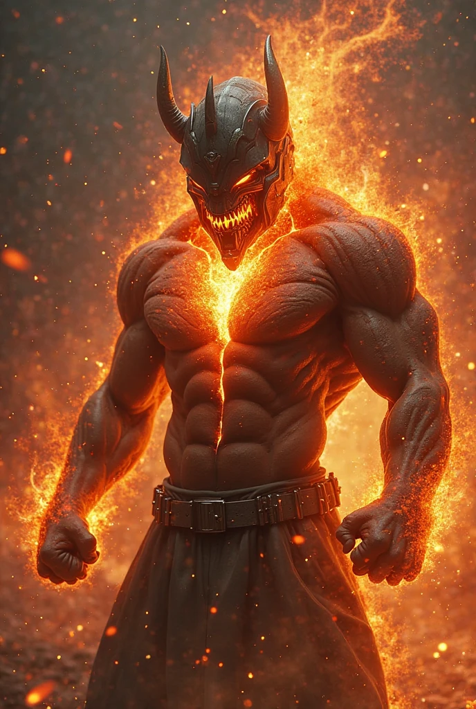 a dark demon with lava horns, purple eyes, three finger in each limp ending with sharp nails, fit muscles, very tall, and evil smile, not related to humans at all