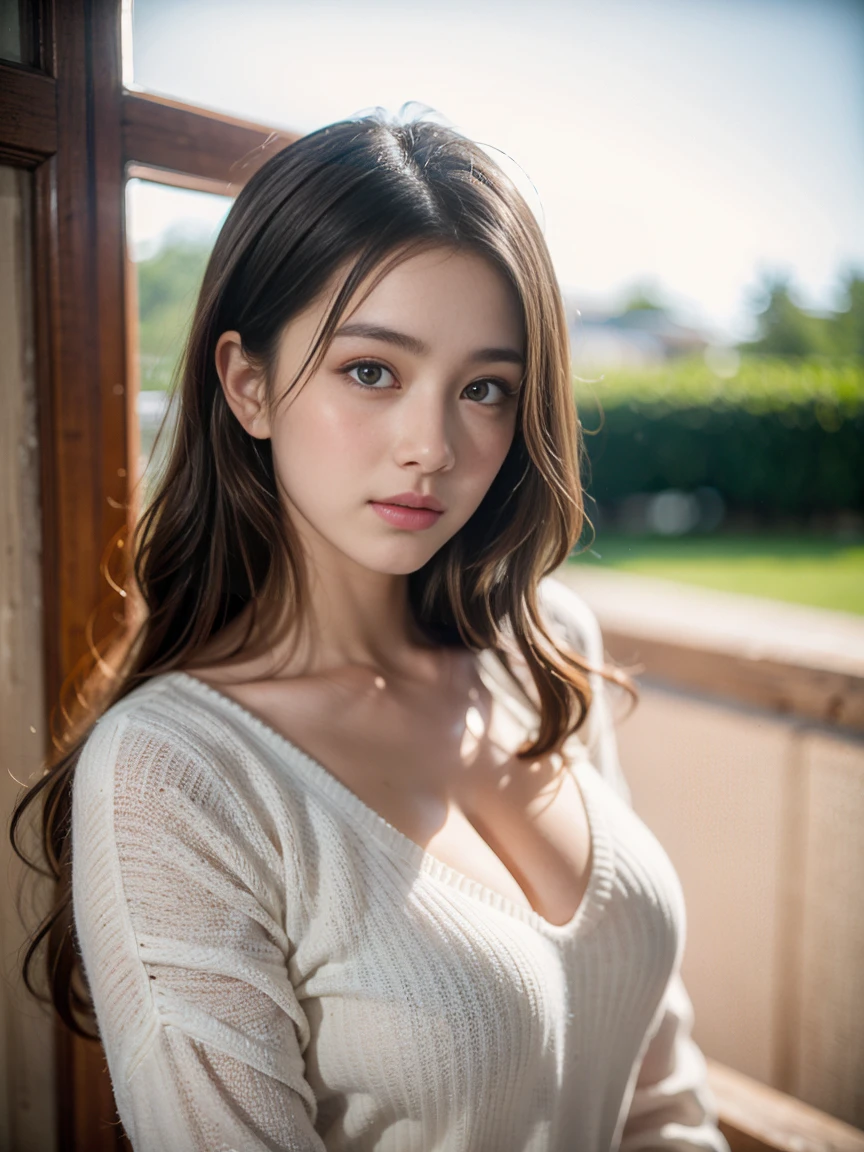You are a professional photographer。masterpiece、８K、Highest quality, Soft Light, Ultra-high resolution, (Realistic:1.4), RAW Photos,18 years old Japanese girl, alone, cute, (pupil, Light in your eyes),  Beautiful face in every detail, (Small box),(High resolution detail of human skin texture),
(Long Hair),Cleavage Outdoors,construction site、Work Style Damask Shirt Dress,
(Portraiture)、Jumper、
