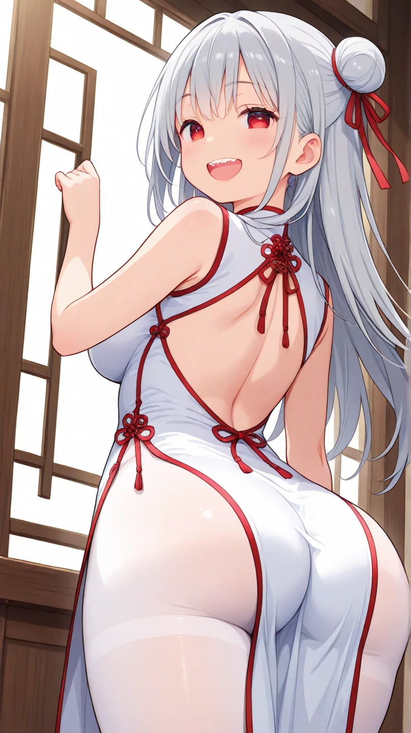 white hair,blue eyes,((blush,orgasm face,arched back,shoock,shiver,sweat,wet,pleasure)),inside chinese house,full body
