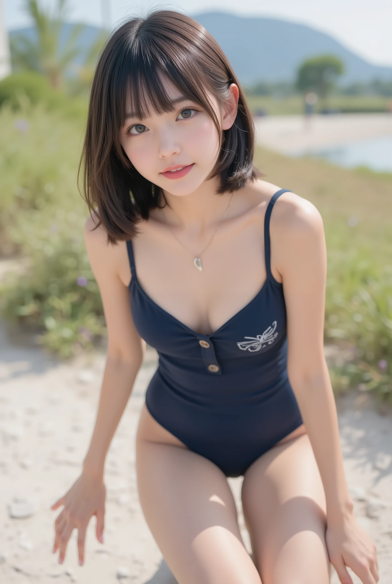 Cute Lolly,,hyperreal,high definition,Best Quality,8k,exquisite details,(),(Spaghetti Straps)watch viewers,written depth,full_body_shots,landscape, twins ,campgrounds,In summer,(navy blue school swimsuit), ((delicate、flat chested、AA cup breasts、very slender))、twin tails in a lower position、short bob hair、middle school students、Position of leaning forward with hands on knees、is opening my mouth、Show off your chest to the camera