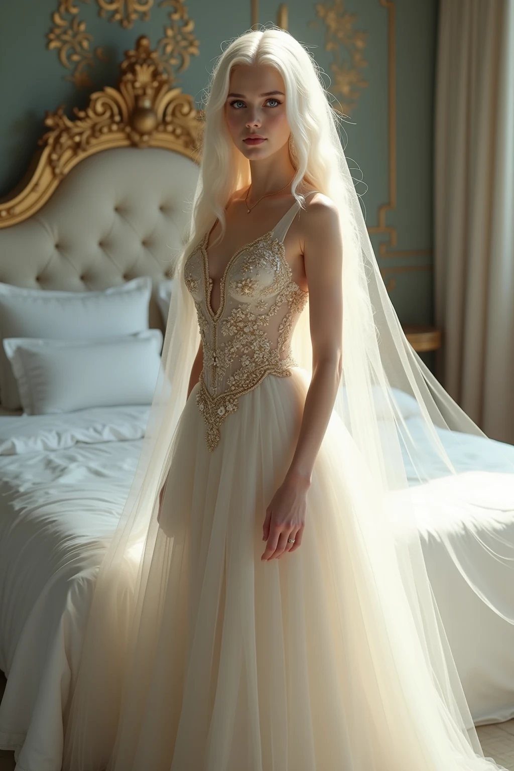 A blonde girl in a debutante dress lying dead on the floor