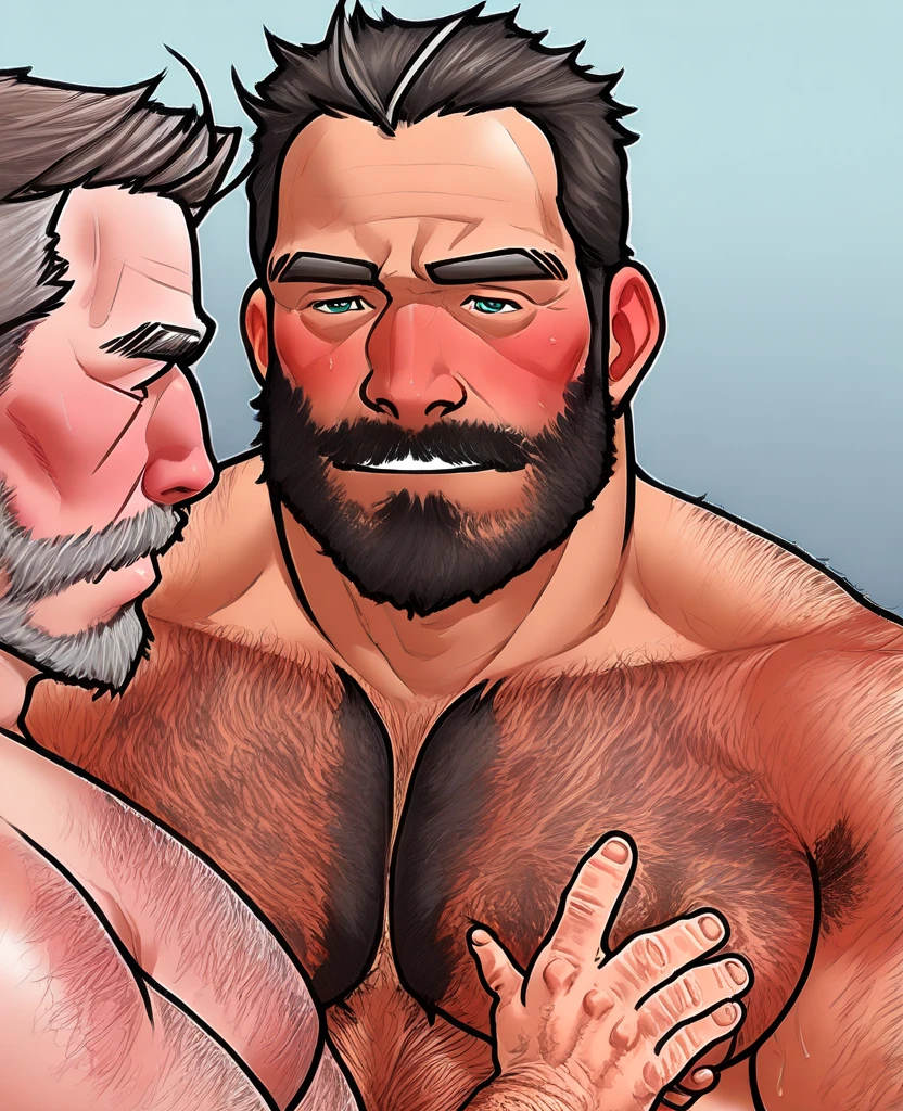 Solo, torso of white bearded shirtless topless old muscular man, his hands chained, gigachad muscular, longand fluffy beard, :: high detail, muscular!, super buff and cool, muscular! white, commission for high res, muscular!!, very buff, white eye brows, strong chest, strong arms, large muscles, muscular, thick waist, big body, tall thick body, wet, wide body, sexual appeal, big blue eyed, man bun hairstyle, chubby belly, white hairy chest, sleeping, in the dark prison