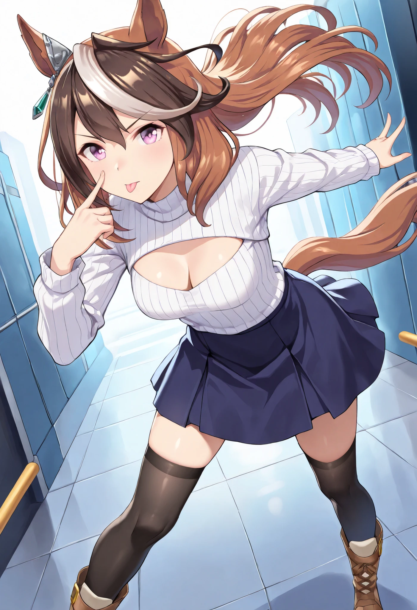 (masterpiece, best quality, perfect face:1.4), wide angle, symboli rudolf \(umamusume\), 1girl, floating hair, brown hair, long hair, multicolored hair, horse ears, ear ornament, horse tail, tail on the lower back, proportional body, proportional, beautiful hair, beautiful face, beautiful detailed eyes, beautiful clavicle, beautiful body, beautiful chest, beautiful thigh, beautiful legs, beautiful fingers, looking at viewer, BREAK, Clear Focus: 1.2, Perfect Body Beauty: 1.4, Slim Abs: 1.1, white sweater, tight skirt, stockings, boots, Exposed Cleavage Absurdity, Incredibly Absurd, BREAK, akanbee, eyelid pull, lower eyelid pull:1.2, closed mouth:1.2, tongue out, serious expression, realistic skin, HDR, BREAK, good hands,