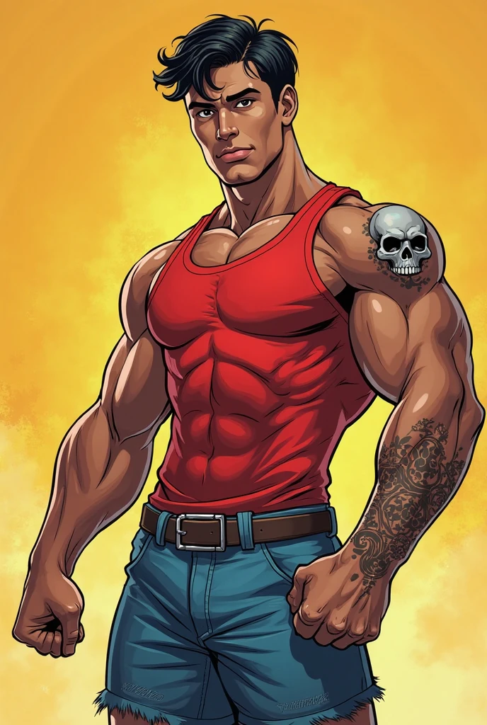 45 year old man(cobalt eyes; salt-and-pepper crew cut; rugged; muscular and imposing; incredible beard; masculine; round-faced, Kurt Russell), Disney-style cgi, night time neon-lit streets crime scene; futuristic; dystopian; best quality; high detail; trending on artstation; complex volumetric lighting; tank top; 80s action hero