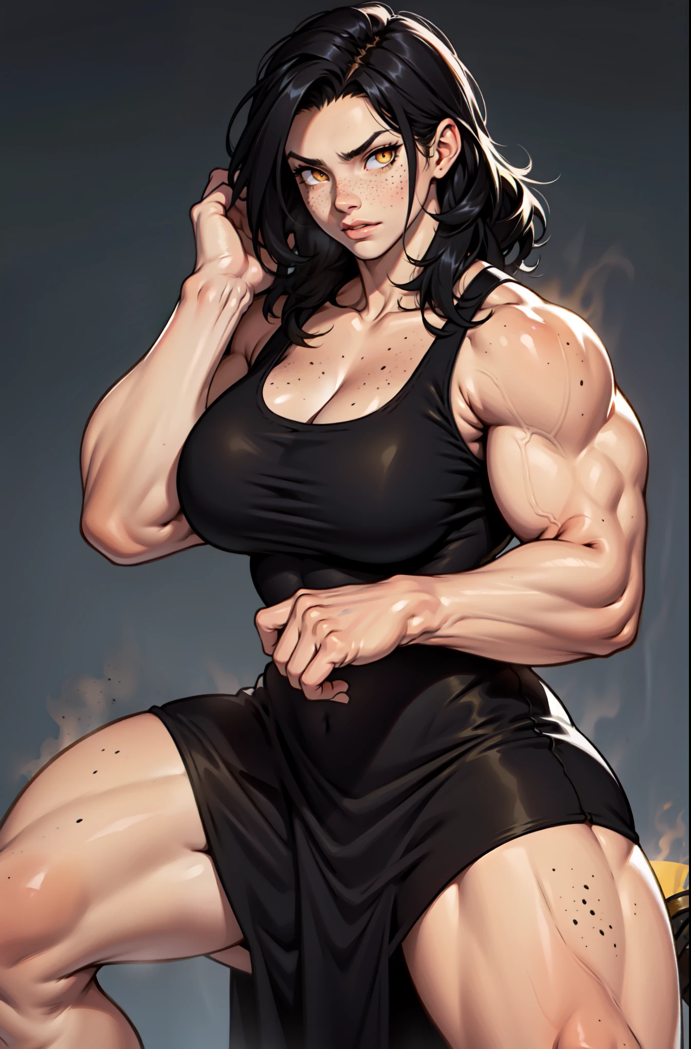 masterpiece, detailed, (realistic), beautiful young woman, body builder, young, teenager, skinny, (hypermuscle:1.5), gigantic ass, massive thighs, (innocent expression:1.3), goth, black lipstick, black straight hair, tattoos, loose oversized grey tshirt, geadphones, gym, working out