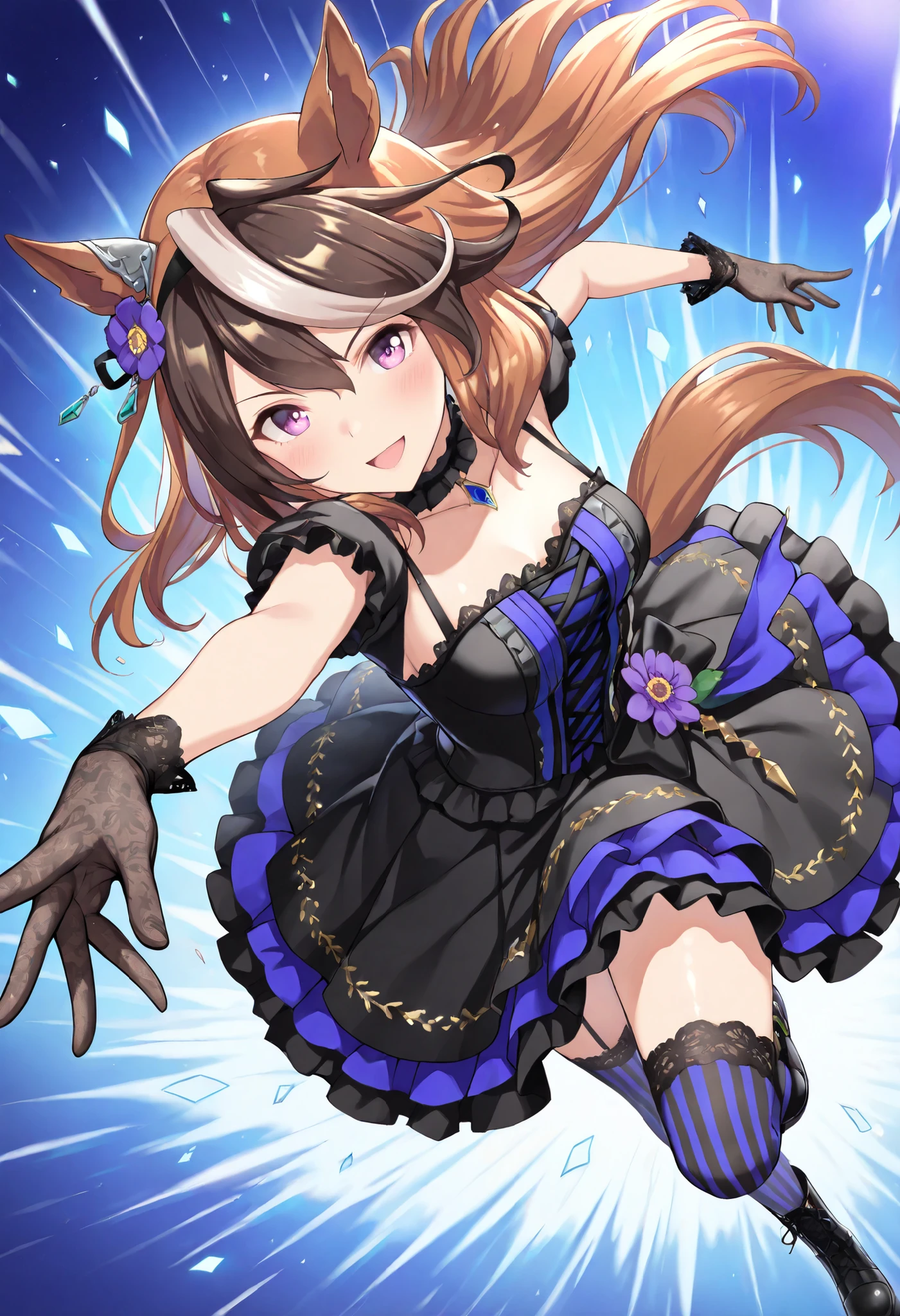 (masterpiece, best quality, perfect face:1.4), (((close up face))), symboli rudolf \(umamusume\), 1girl, floating hair, brown hair, long hair, multicolored hair, horse ears, ear ornament, horse tail, tail on the lower back, proportional body, proportional, beautiful hair, beautiful face, beautiful detailed eyes, beautiful clavicle, beautiful body, beautiful chest, beautiful thigh, beautiful legs, beautiful fingers, looking at viewer, BREAK, gothic ta dress with (anemone flower motif), black and deep violet two block color scheme, (deep violet anemone embroidery on bodice and skirt), black and deep violet two block color blouse, short puff sleeves, square neckline, frill collar and black ribbon bow, black blouse with short puff sleeves with lace cuffs, bare arms, fitted corset-shaped waist with lace-up, voluminous multi-layered skirt, (layered skirt-hem) with deep violet and black lace, wide A-line silhouette, black and violet striped thigh-high stockings, striped stockings, black lace gloves, (black headband with purple anemone flower accessory), black platform boots with lace-up, BREAK, blush happy smile (open mouth), one eyed closed, textured skin, realistic skin, HDR, BREAK, good hands,