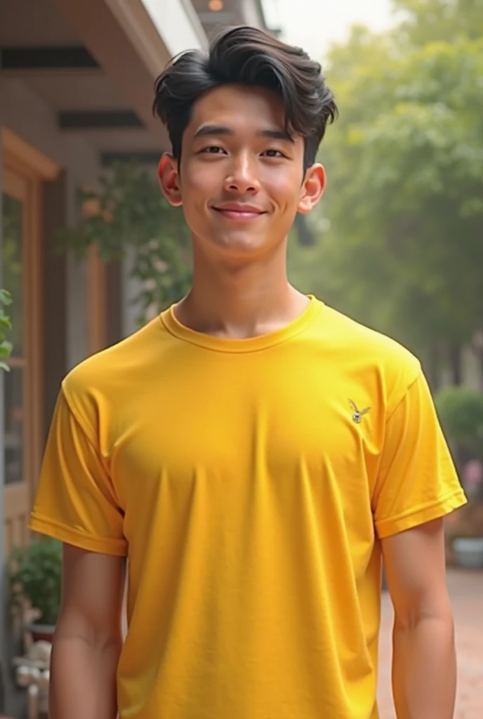 A handsome, muscular young Asian man looks at the camera. In a plain yellow t-shirt , Fieldside, grass, beach, sunlight