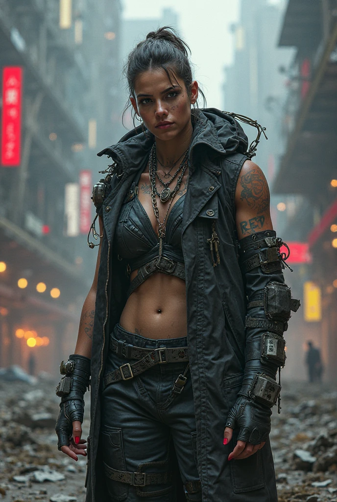 Cyberpunk, Scavenger, woman, dressed in rags, tattoos