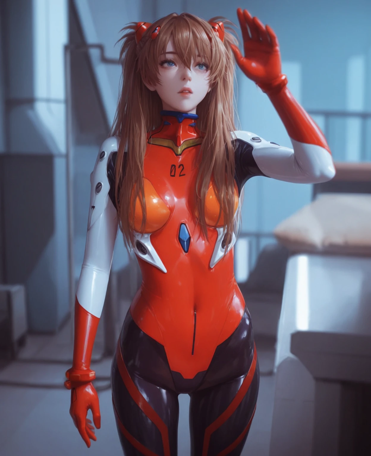 8k photo, Super realistic, Beautiful features, Double eyelids,17 age、((Asuka Langley's hairstyle in Evangelion the Movie))、(1.5)Woman posing in red suit、Drifting Asuka Langley(1girl in:1.2),Close-up of full body Zenkai!Asuka's suit、Asuka Langley、Asuka Langley Souryu、Portrait of Asuka Langley Solieu、beautiful asuka from evangelion、Asuka Suit Underwear!Asuka from Evangelion。(Light flare:1.2)+close-up+Beautiful skin+Dynamic+high detal+Back lighting+downy+afloat+Modern metropolis。