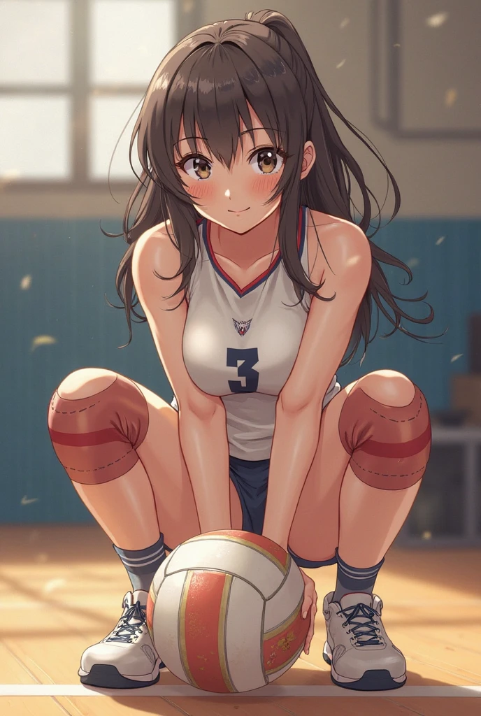 top-quality、Full limbs、complete fingers、one beautiful women、Beautiful Large Breasts、Medium Hair、poneyTail、A dark-haired、(blue volleyball uniform:1.3)、Blue bloomers、Bold sexy poses、Smile、20 years girl、Gymnasium、Volleyball Court、volley、Sit on the floor with your legs open
