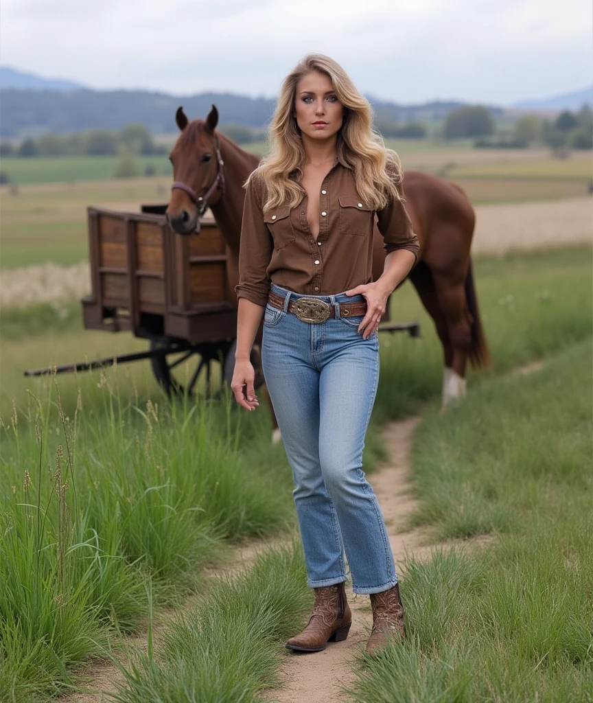 best quality, super fine, 16k, incredibly absurdres, extremely detailed, delicate, flashy and dynamic depiction, beautiful woman wearing western hat, excited look, blond messy hair, western fashion, superlative body proportion, western movie style townscape, leaning against the wall of a bar, tumbleweed, only background simple sepia color