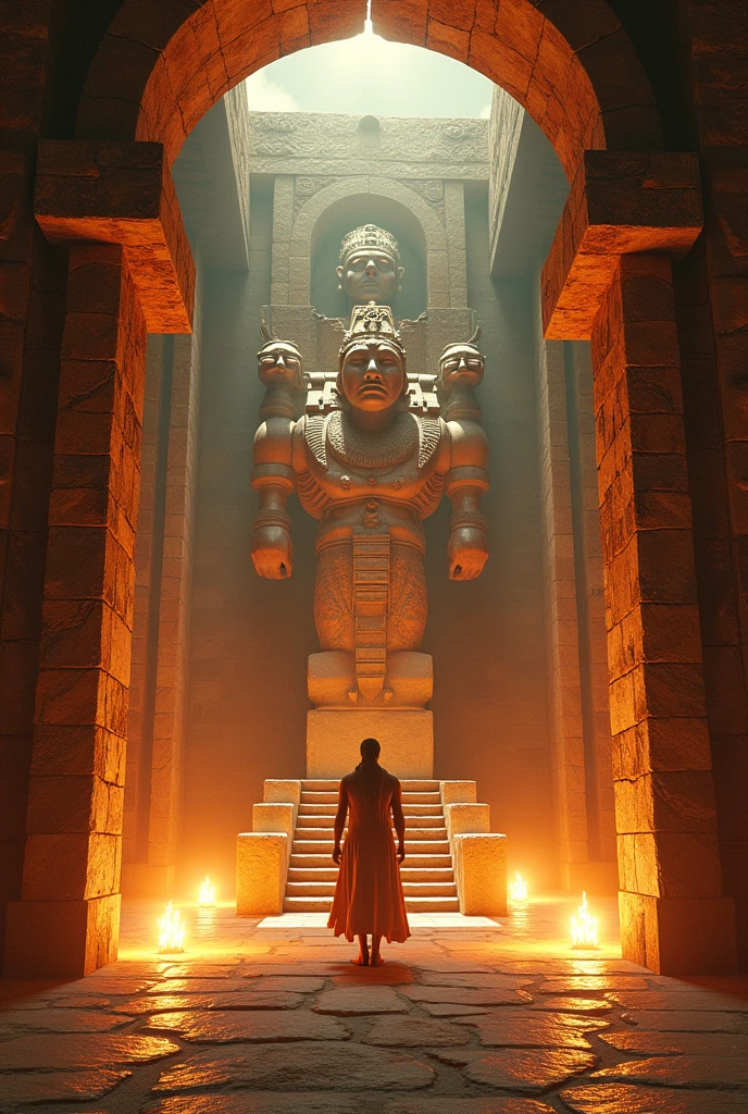 there is a large stone statue in the middle of a narrow canyon, film still promotional image, freddy mamani silvestre facade, source engine footage, large temples, face shown, inspired by Clint Cearley, with several broken statues, screengrab, tombs, iron helmet, roger deakin’s cinematography, indian forest, by Chris LaBrooy, 2 0 1 4