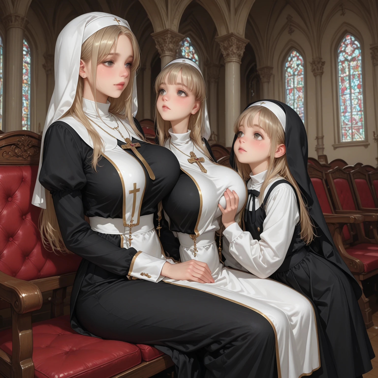Three girls, masterpiece,Best quality,Human Development Report, Ultra HD, 8K,Bokeh,Super Fine,Clear focus,Physically Based Rendering,Extremely detailed description,full-body shot, In the monastery, Looking at the audience, (Large Breasts:1.5), (kiss:1.2), (Dressed like a nun:1.2), (Full coverage:1.2), (Fufang:1.2), Sexy smile, Necklace, (Long Wolf_Haircut), (EOS R8, 50 mm, f1.2, 8K, RAW photos:1.2), photography:arny freytag(((Full and soft breasts,)))(((Huge breasts))) (((Cleavage))) (Perfect curvy figure),