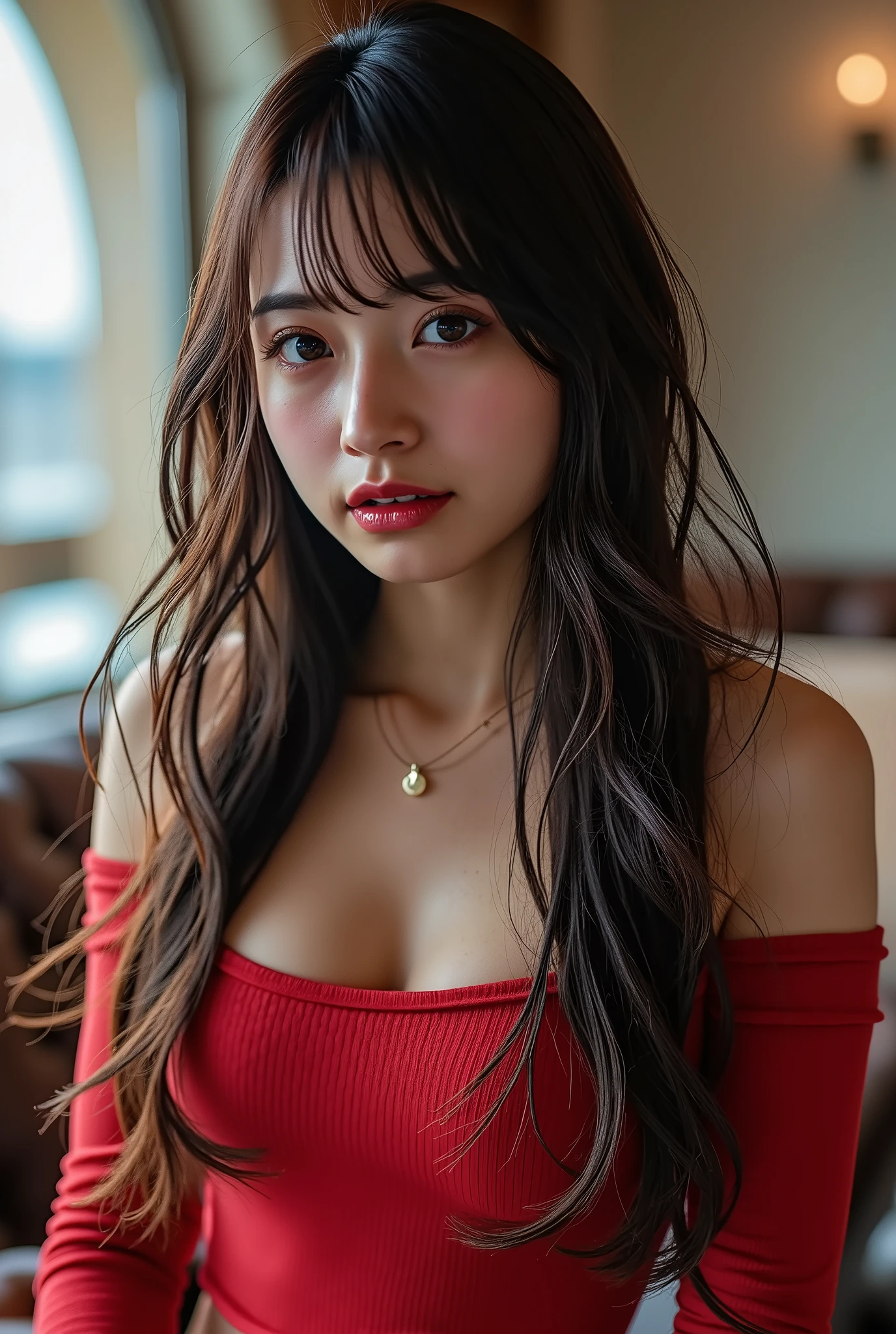 ((anatomically accurate human body structure)), ((photorealistic:1.5)), (NSFW), Highest Quality, masterpiece, Ultra High Definition, realistic, absurd, ((Very sexy pose)), ((Whitish off-white long, tight knit dress)), (1 person), ((very sexy and seductive pose:1.5)), ((Beautiful long brown hair)), (((An off-the-shoulder, short-length red knit dress with long sleeves from hand to elbow that looks wide open at the chest with the upper arms out:1.8))), (((Off-the-shoulder short red knit dress:1.5))), ((off-shoulder, red knit dress that shows the shoulders, chest, and upper arms:1.4)), (((Tight red knit dress that fits the body:1.3))), ((A very tight red knit dress that fits the body and shows the body line)), ((汗ばんだかなりBig cleavage is visible)), ((Big cleavage is visible:1.5)), ((you can see the tips of your nipples with no bra)), (nice and beautiful gold necklace), Very sexy slightly open lips, cinematic lighting, (very real skin), (Highly detailed, realistic eyes:1.9), (Very beautiful long, realistic eyelashes), (Highly detailed, realistic eyebrows), (Round brown eyes :1.8), (Beautiful catchlights in the eyes), (Realistic lips with moisture ), (white realistic teeth neatly arranged), ( Beautiful and Detailed Face :1.6),((Slender and very stylish)), (Beautiful round and shaped bust), (Tight, thin waist), beautiful face, (sitting on a luxurious sofa:1.5), (standing:1.2), (Slightly leaning forward: 1.3), (Slightly from above:1.2), (close-up:1.4), realistic, Tight off-white long knit dress with sleeves, ((luxurious living room in a luxury lounge)), Sweaty, Beautiful, Realistic Skin, blurry background, accurate hand shape, Accurate hand finger shape , 5 fingers on one hand , (Color temperature 5000K)