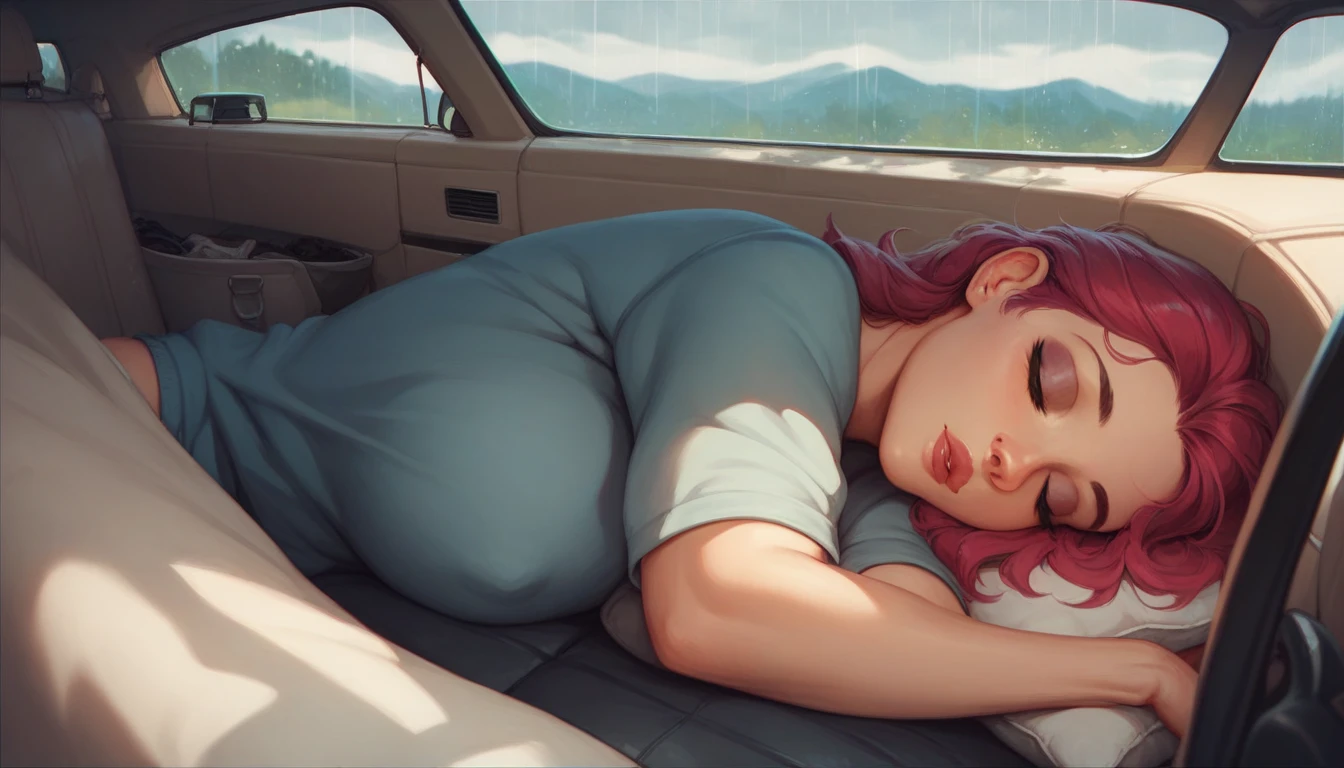 1 beautiful woman, big eyelashes, glossy lips, asleep drooling, sweating, asleep with her mouth open, snoring, asleep lying on the bus, head resting on the seat, eyes closed, painted eyelids, made up, beautiful body, wedding dress sexy; Lilac lipstick, full body, looks like actress Bryce Dallas Howard.
