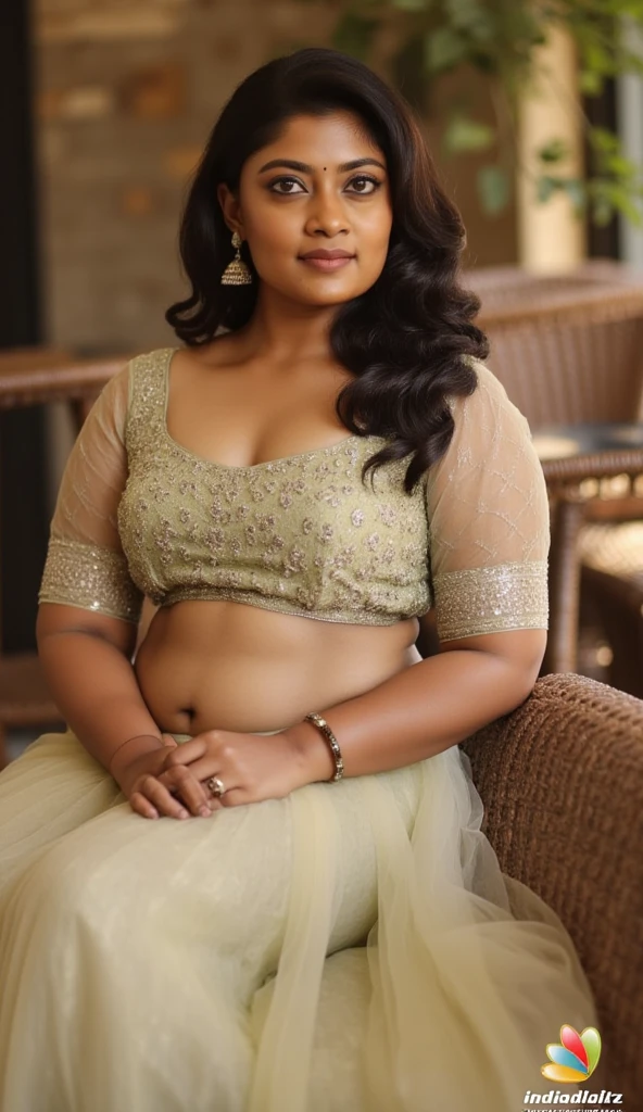 South Indian women, wearing cream colour chiffon transparent shiny skirt and light green shirt