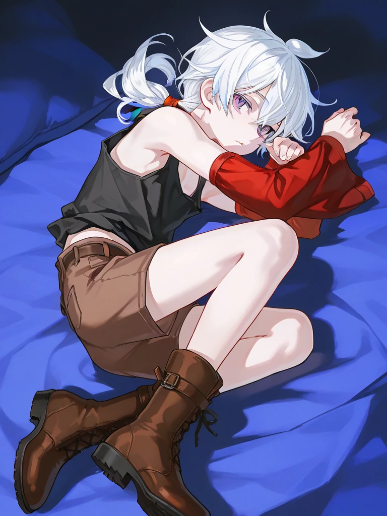 ((highest quality)), ((masterpiece)), (be familiar with), CANAAN, 1 girl, alone, silver hair,brown skin,red eyes,long pants,red sleeveless,Clothes with a visible back, Slender,slender,short hair,small breasts, erect nipples, gloves, put your hand on your waist,Separate sleeping quarters at the hotel
