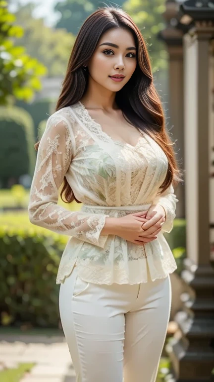 Create a realistic, UHD, 8K visual of a young korean woman with an pear body shape standing elegantly in a beautifully decorated room. She is wearing traditional Indonesian attire, consisting of a white lace fitted kebaya with v deeps cuts showing her bare larged-size chest, a batik sarong with intricate patterns, and a brown scarf draped over her shoulders. Her long hair cascades over her shoulders, and she wears a delicate smile, exuding grace and poise. The background includes a round mirror with wooden accents, a green door, and a painting of a man in traditional attire. There are also indoor plants adding a touch of greenery to the room, and the yellow tiled floor complements the warm and inviting atmosphere. Describe the setting, her attire, and the cultural significance of her clothing and surroundings